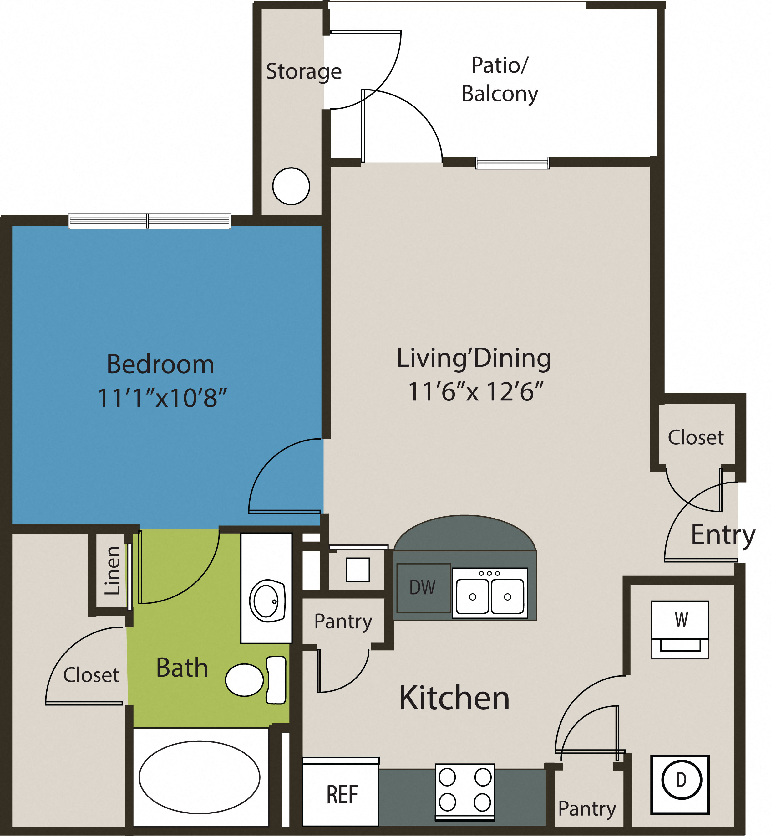 Floor plan for 1 bed, 1 bath, 611 sqft